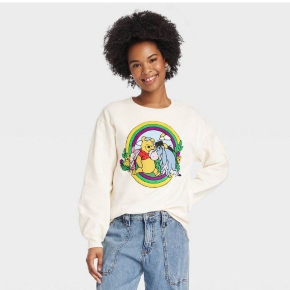Disney Women's Winnie the Pooh Bear Cream White Crew Neck Sweatshirt Sz Large